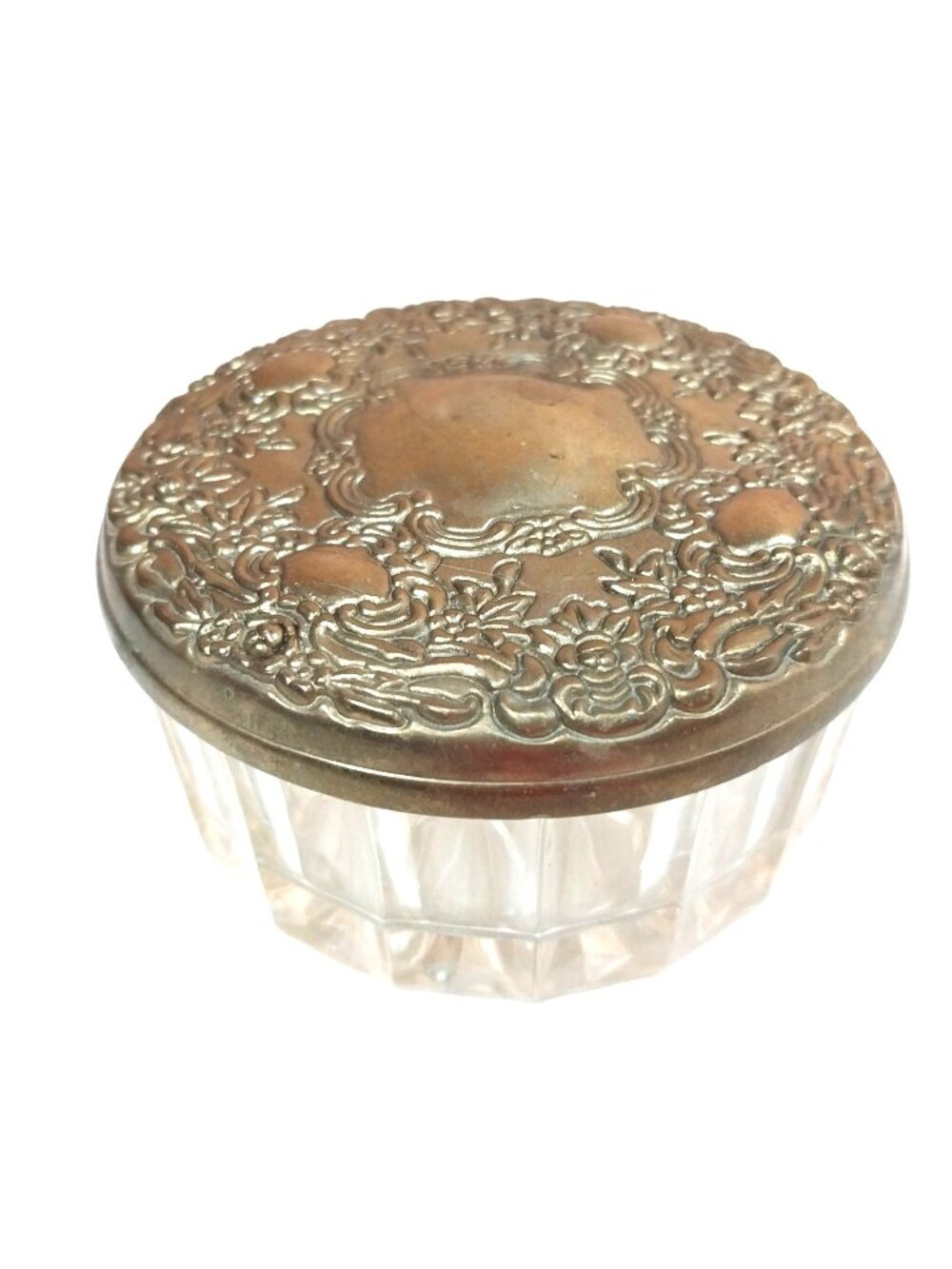 Vintage Glass Powder Jar With Ornate Brass Lid Trinket Box Vanity Storage